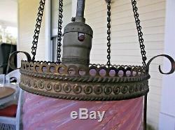 Antique Hanging Hall Electrified Oil Lamp Chandelier Pink Cranberry Opalescent