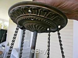 Antique Hanging Hall Electrified Oil Lamp Chandelier Pink Cranberry Opalescent