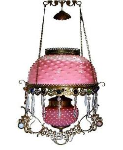 Antique Hanging Jeweled Oil Lamp Pink Hobnail Glass Shade