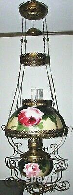 Antique Hanging Kerosene Oil Lamp Brass Frame Rose Motif Opal Glass Electrified