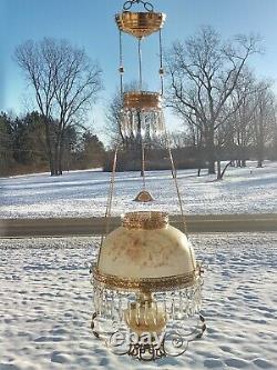 Antique Hanging Library Oil Lamp Brass Frame Glass Shade