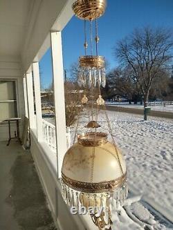 Antique Hanging Library Oil Lamp Brass Frame Glass Shade