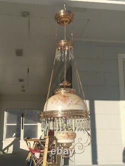 Antique Hanging Library Oil Lamp Brass Frame Glass Shade