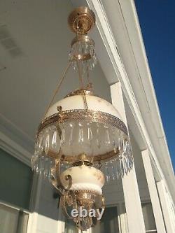 Antique Hanging Library Oil Lamp Brass Frame Glass Shade