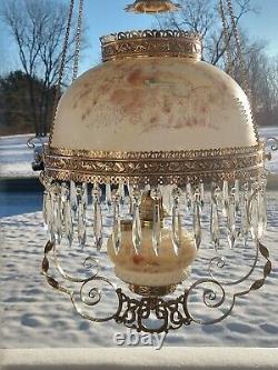 Antique Hanging Library Oil Lamp Brass Frame Glass Shade
