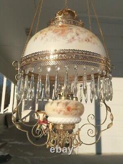 Antique Hanging Library Oil Lamp Brass Frame Glass Shade
