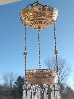 Antique Hanging Library Oil Lamp Brass Frame Glass Shade