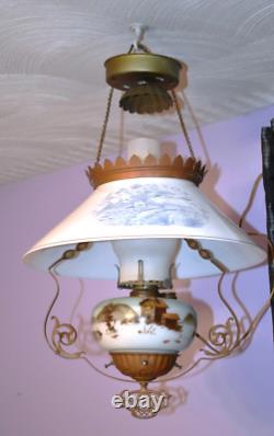 Antique Hanging Library Parlor Oil Lamp Slant Shade