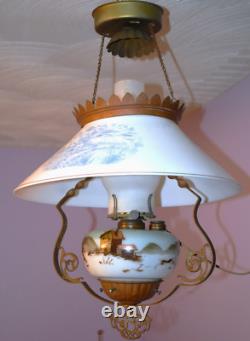 Antique Hanging Library Parlor Oil Lamp Slant Shade