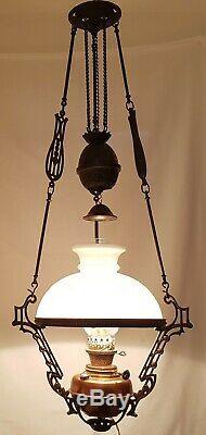 Antique Hanging Oil Lamp Adjustable Rise & Fall Mechanism Lyre Shaped Details