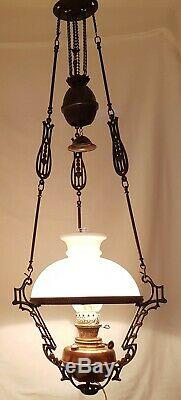 Antique Hanging Oil Lamp Adjustable Rise & Fall Mechanism Lyre Shaped Details