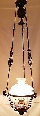 Antique Hanging Oil Lamp Adjustable Rise & Fall Mechanism Lyre Shaped Details