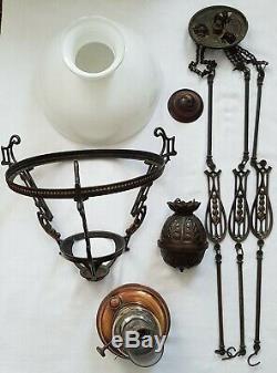 Antique Hanging Oil Lamp Adjustable Rise & Fall Mechanism Lyre Shaped Details