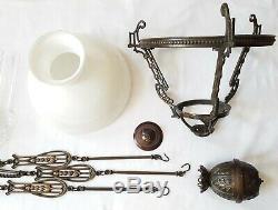 Antique Hanging Oil Lamp Adjustable Rise & Fall Mechanism Lyre Shaped Details