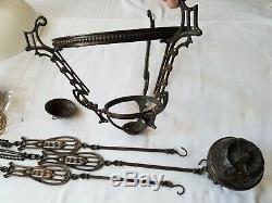 Antique Hanging Oil Lamp Adjustable Rise & Fall Mechanism Lyre Shaped Details