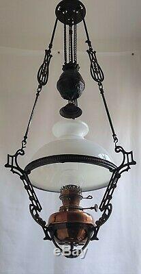 Antique Hanging Oil Lamp Adjustable Rise & Fall Mechanism Lyre Shaped Details