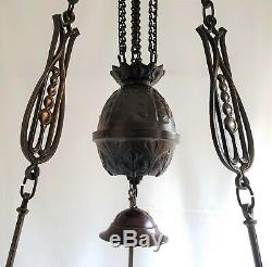 Antique Hanging Oil Lamp Adjustable Rise & Fall Mechanism Lyre Shaped Details