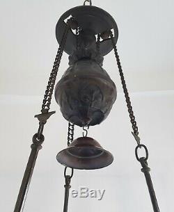 Antique Hanging Oil Lamp Adjustable Rise & Fall Mechanism Lyre Shaped Details