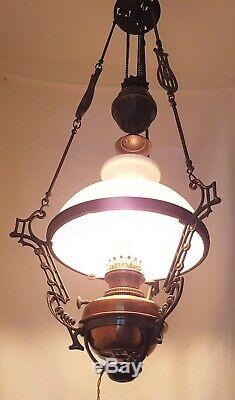 Antique Hanging Oil Lamp Adjustable Rise & Fall Mechanism Lyre Shaped Details