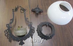 Antique Hanging Oil Lamp Chandelier cast Iron Ornate Milk glass globe victorian