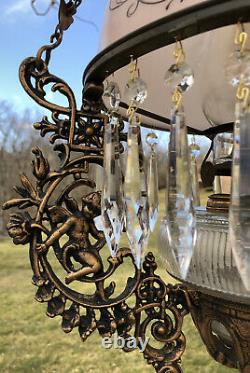 Antique Hanging Oil Lamp Cherub design in Iron Fixture