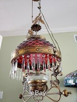 Antique Hanging Oil Lamp Electrified 14 Cranberry Hobnail Shade Victorian Gwtw