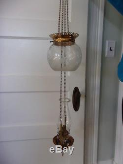 Antique Hanging Oil Lamp RETRACTABLE CUT & ETCHED GLASS SHADE MILLER BURNER