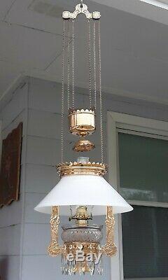 Antique Hanging Oil Lamp Slant Shade Counterbalance