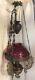 Antique Hanging Oil Lamp electrified counter weighted with 2 color Glass shades