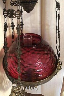 Antique Hanging Oil Lamp electrified counter weighted with 2 color Glass shades