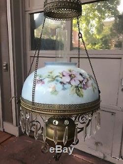 Antique Hanging Oil Lamp with Hand Painted Milk Glass Shade Kerosene