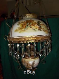 Antique Hanging Oil Pulldown Lamp With Beautiful Hand-Signed Marion on Shade