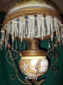 Antique Hanging Oil Pulldown Lamp With Beautiful Hand-Signed Marion on Shade