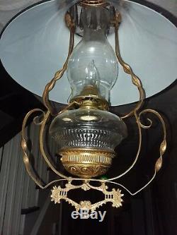 Antique Hanging brass Oil Lamp with slant green shade