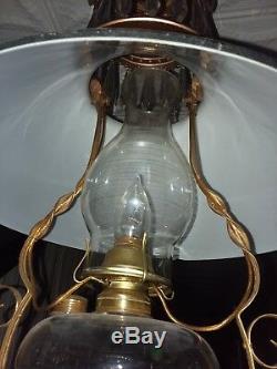 Antique Hanging brass Oil Lamp with slant green shade