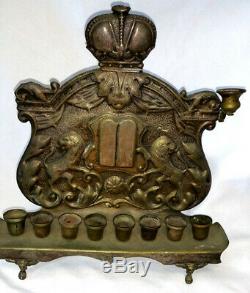 Antique Hanukkah Brass Oil Lamp Menorah Judaica Warszawa Poland c1900s