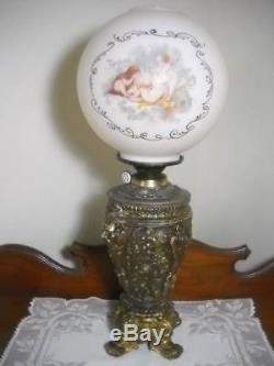 Antique Hinks Art Nouveau Parlor Oil Lamp with North Wind Base & Cherub Globe