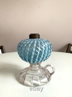 Antique Hobbs Blue Sheldon Swirl Oil Lamp 1880's Crack In Foot