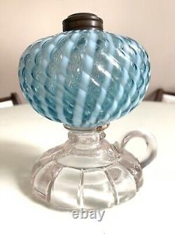 Antique Hobbs Blue Sheldon Swirl Oil Lamp 1880's Crack In Foot