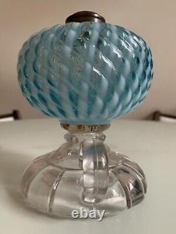 Antique Hobbs Blue Sheldon Swirl Oil Lamp 1880's Crack In Foot