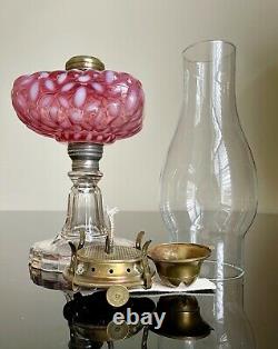 Antique Hobbs No. 341 Cranberry Ruby Snowflake Oil Kerosene Glass Stand Lamp