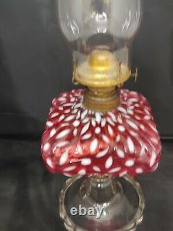 Antique Hobbs Snowflake Cranberry Red Opalescent Glass Oil Kerosene Lamp