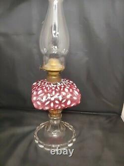 Antique Hobbs Snowflake Cranberry Red Opalescent Glass Oil Kerosene Lamp
