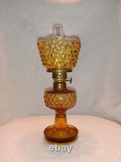 Antique Hobnail Glass Amber Minature Oil Lamp with Matching Shade