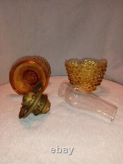 Antique Hobnail Glass Amber Minature Oil Lamp with Matching Shade