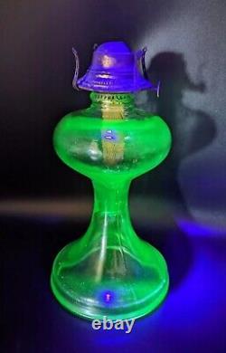 Antique Hourglass Shape Vaseline Uranium Glass Oil Lamp withBanner Burner Glows