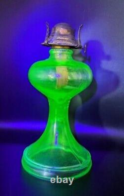 Antique Hourglass Shape Vaseline Uranium Glass Oil Lamp withBanner Burner Glows