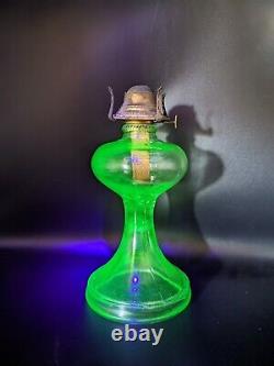 Antique Hourglass Shape Vaseline Uranium Glass Oil Lamp withBanner Burner Glows