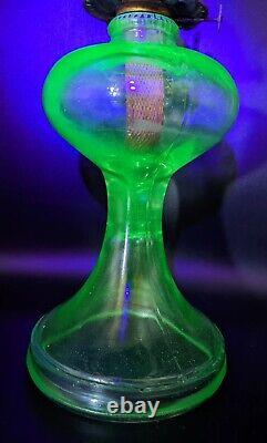 Antique Hourglass Shape Vaseline Uranium Glass Oil Lamp withBanner Burner Glows