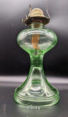 Antique Hourglass Shape Vaseline Uranium Glass Oil Lamp withBanner Burner Glows